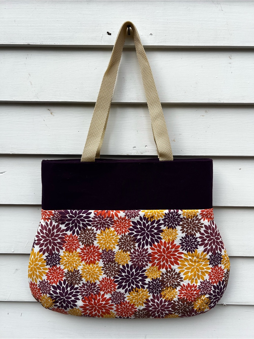 Plum Floral Handcrafted Cotton Purse with Cream Straps